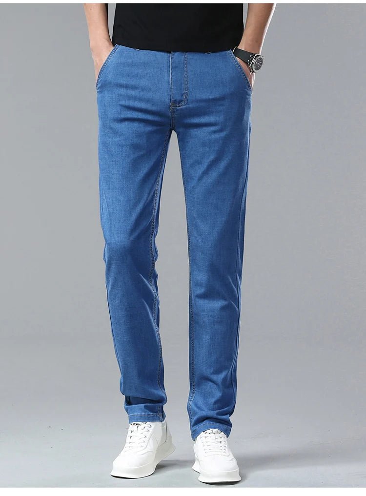 Light Blue Classic Business Casual Cotton Pants Fashion Breathable Denim Elastic Trousers Brand Men's Clothing Straight Jeans - PratSN