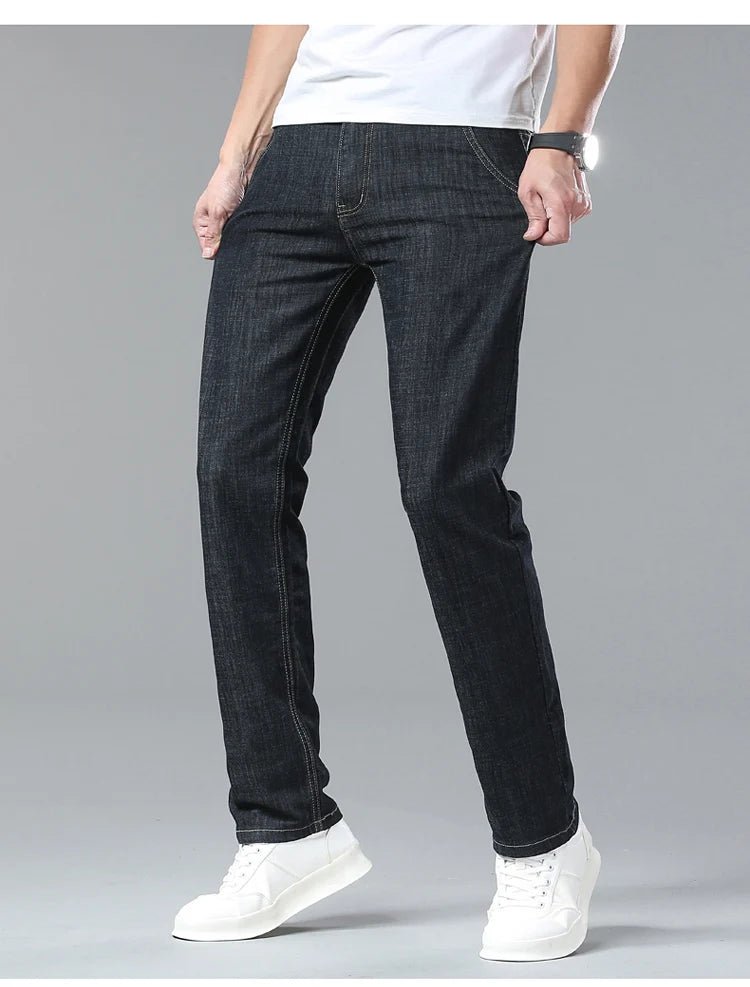 Light Blue Classic Business Casual Cotton Pants Fashion Breathable Denim Elastic Trousers Brand Men's Clothing Straight Jeans - PratSN