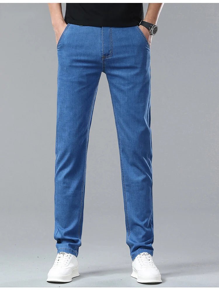 Light Blue Classic Business Casual Cotton Pants Fashion Breathable Denim Elastic Trousers Brand Men's Clothing Straight Jeans - PratSN