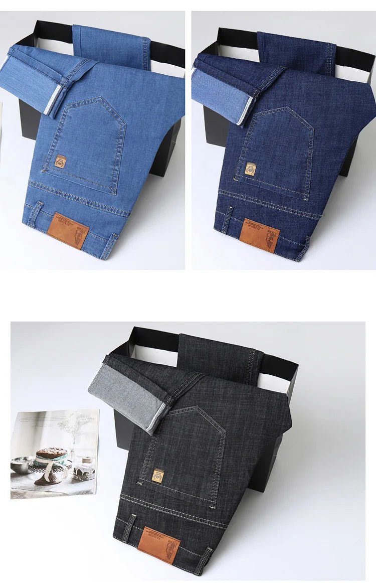 Light Blue Classic Business Casual Cotton Pants Fashion Breathable Denim Elastic Trousers Brand Men's Clothing Straight Jeans - PratSN