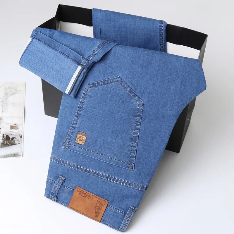 Light Blue Classic Business Casual Cotton Pants Fashion Breathable Denim Elastic Trousers Brand Men's Clothing Straight Jeans - PratSN