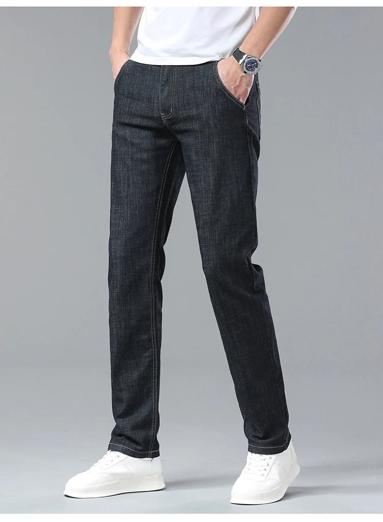 Light Blue Classic Business Casual Cotton Pants Fashion Breathable Denim Elastic Trousers Brand Men's Clothing Straight Jeans - PratSN