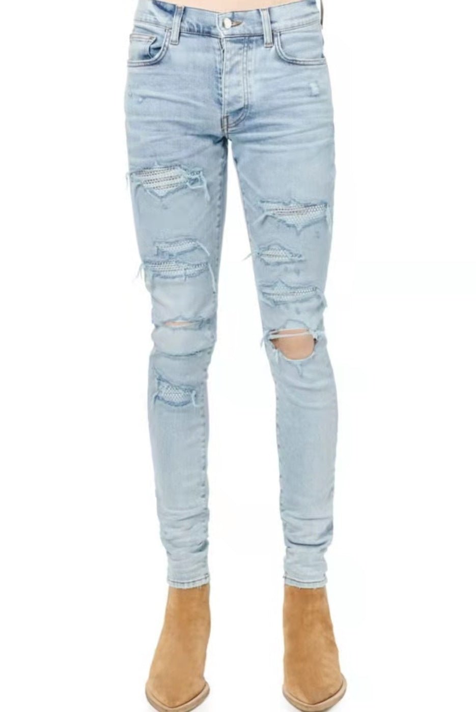 Light Colored Hot Diamond Patch With Holes In Elastic Tight Jeans For Men - PratSN