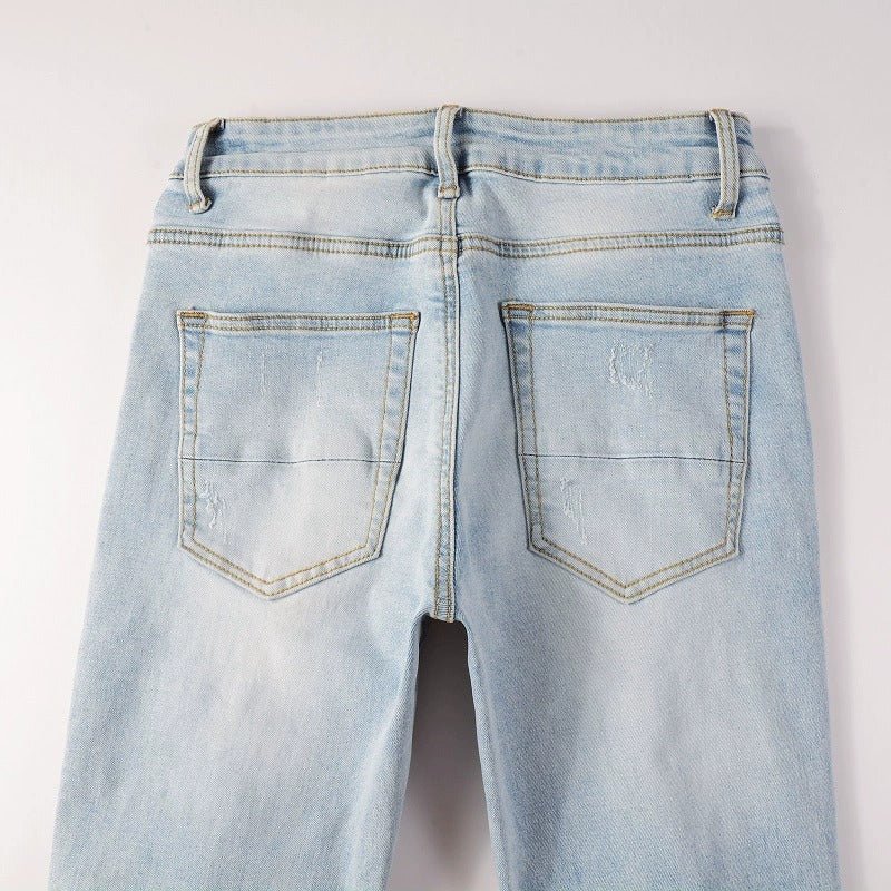 Light Colored Hot Diamond Patch With Holes In Elastic Tight Jeans For Men - PratSN
