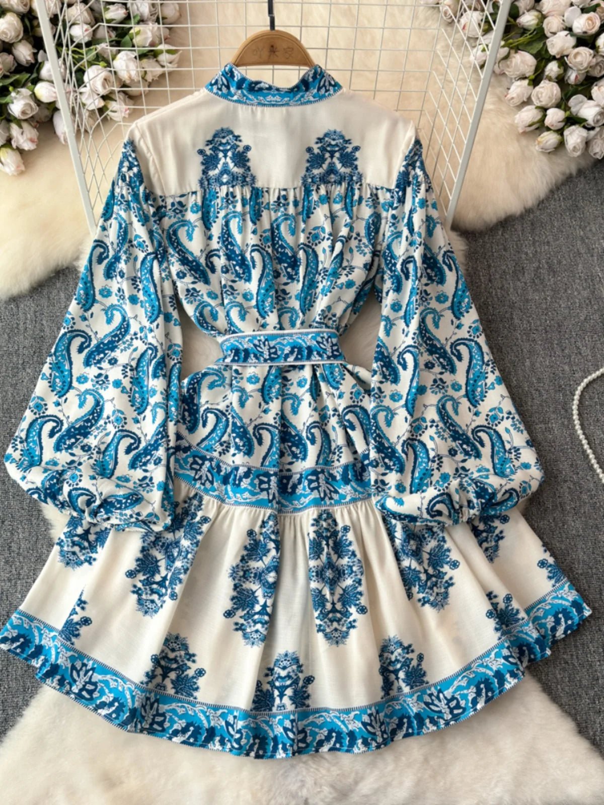 Light Luxury Temperament Long Sleeved Standing Collar Waist Slimming A - line Celadon Print Dress Elegant Dress Short Skirt - PratSN