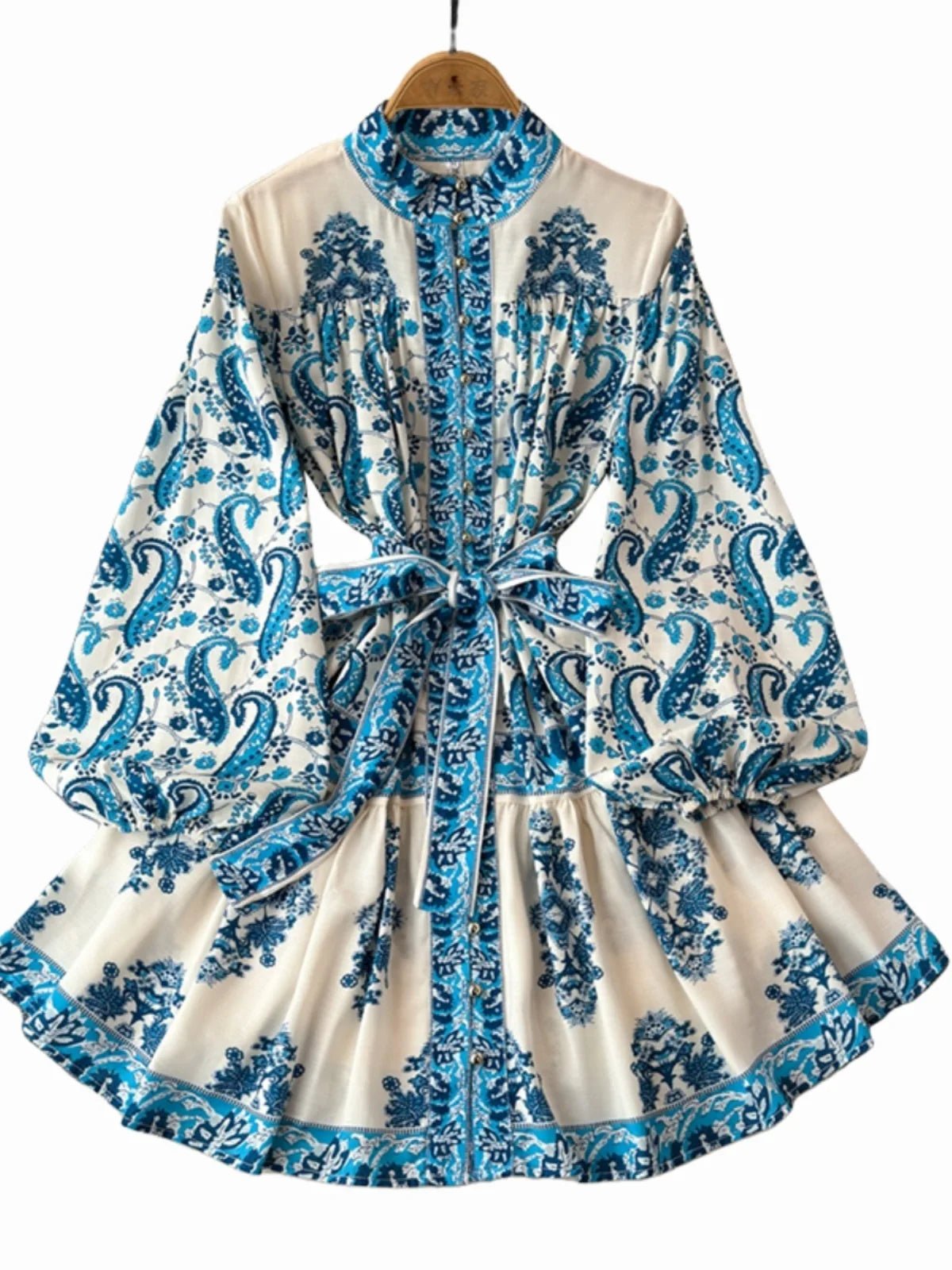 Light Luxury Temperament Long Sleeved Standing Collar Waist Slimming A - line Celadon Print Dress Elegant Dress Short Skirt - PratSN