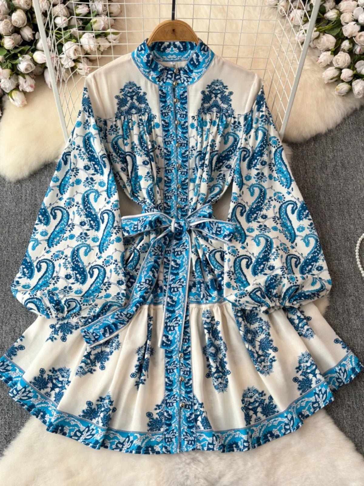 Light Luxury Temperament Long Sleeved Standing Collar Waist Slimming A - line Celadon Print Dress Elegant Dress Short Skirt - PratSN