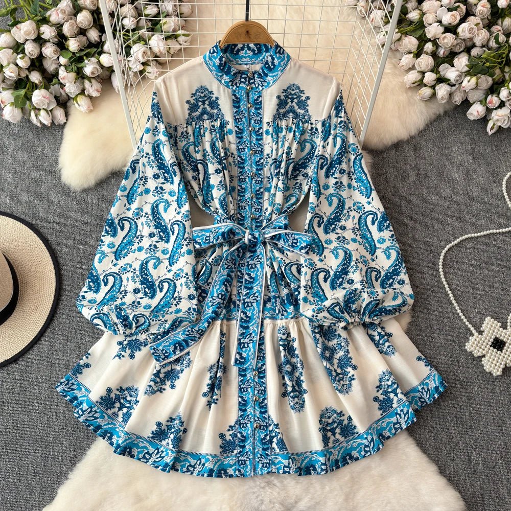 Light Luxury Temperament Long Sleeved Standing Collar Waist Slimming A - line Celadon Print Dress Elegant Dress Short Skirt - PratSN