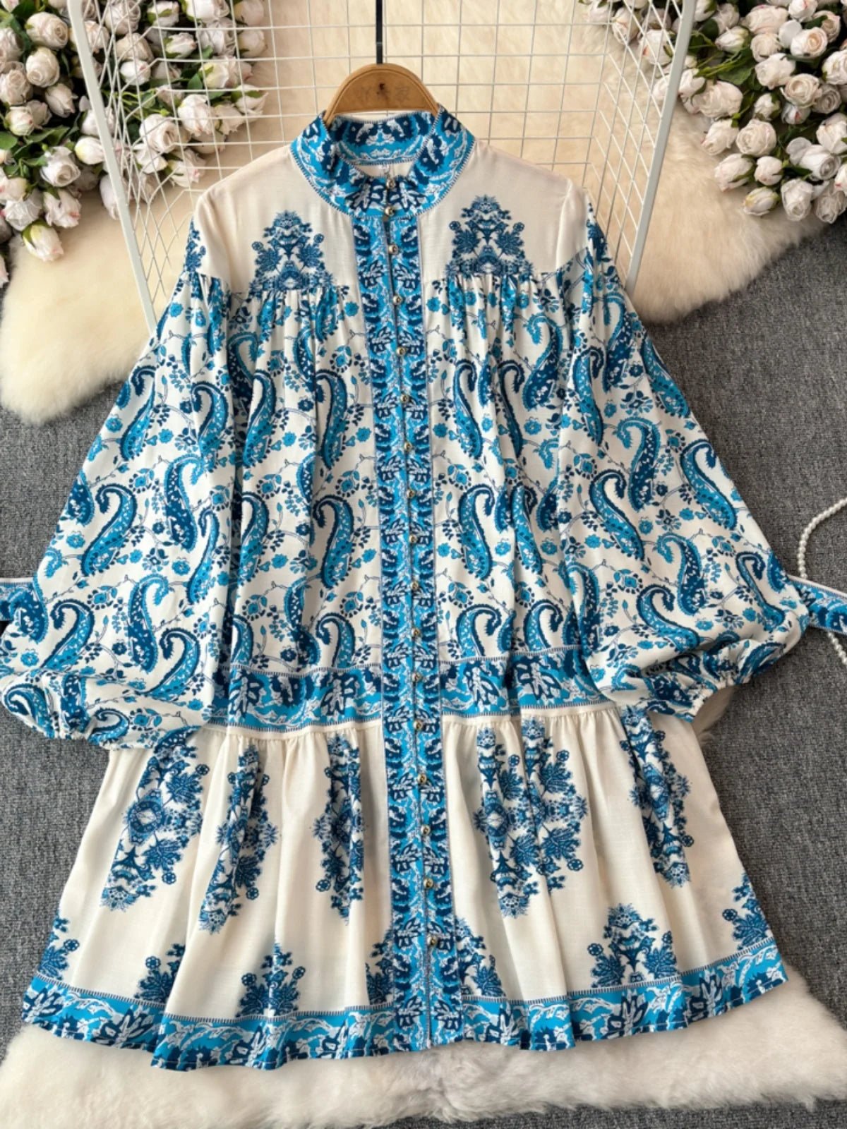Light Luxury Temperament Long Sleeved Standing Collar Waist Slimming A - line Celadon Print Dress Elegant Dress Short Skirt - PratSN