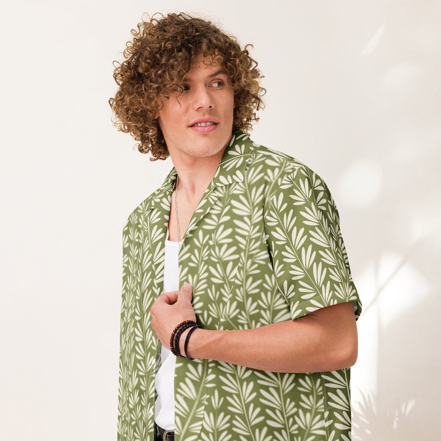 Light Olive Green Floral Beach Shirt - Unisex Short Sleeve Button Down - PratSN