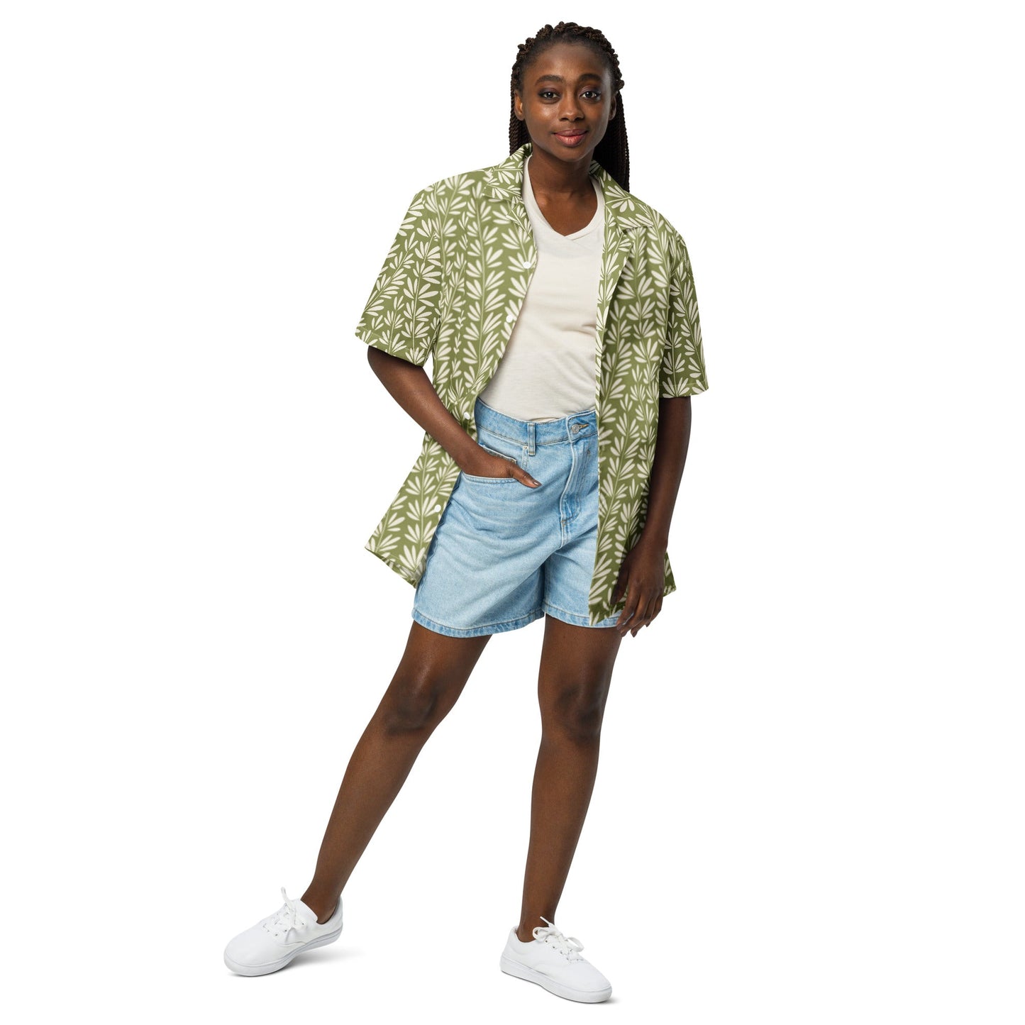 Light Olive Green Floral Beach Shirt - Unisex Short Sleeve Button Down - PratSN