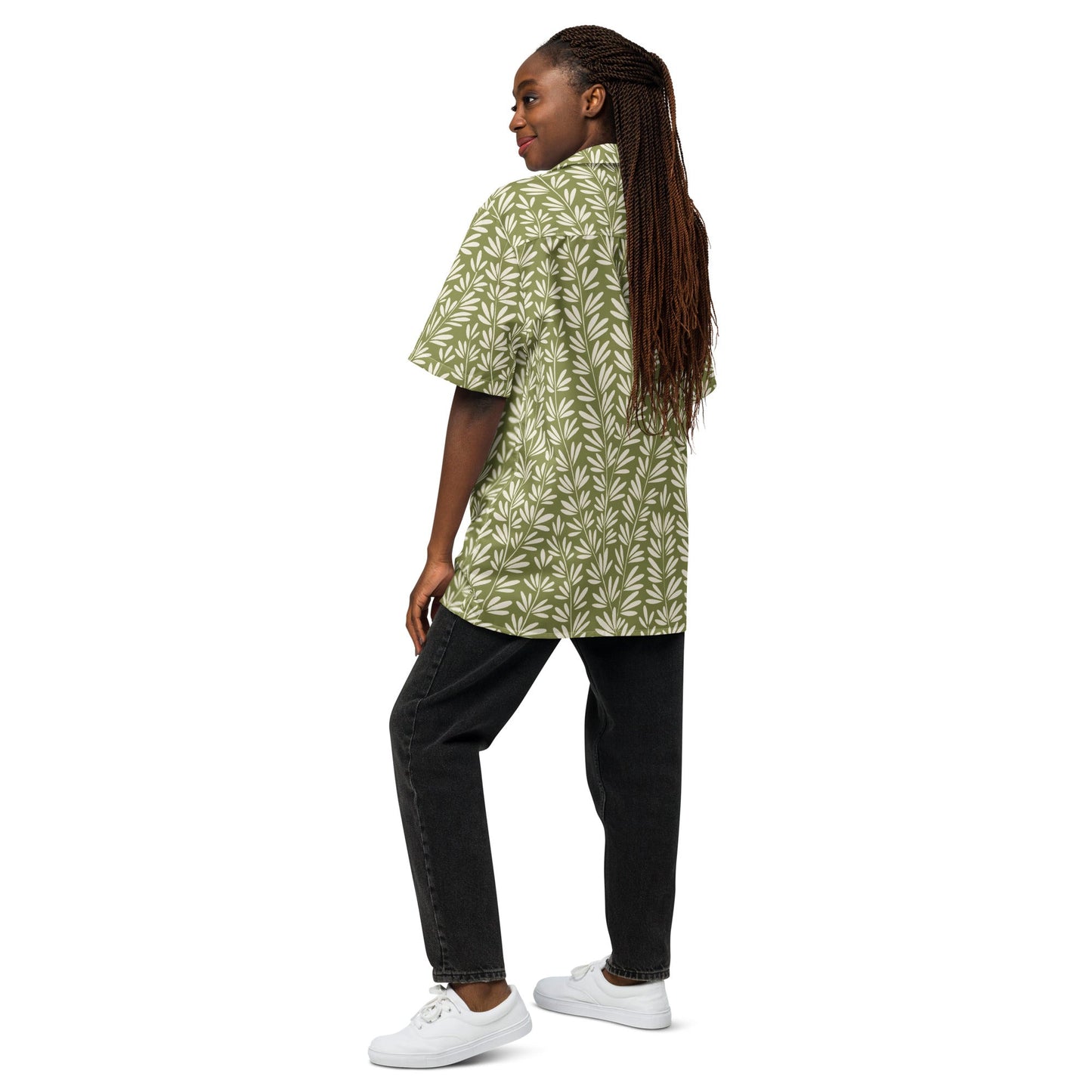 Light Olive Green Floral Beach Shirt - Unisex Short Sleeve Button Down - PratSN