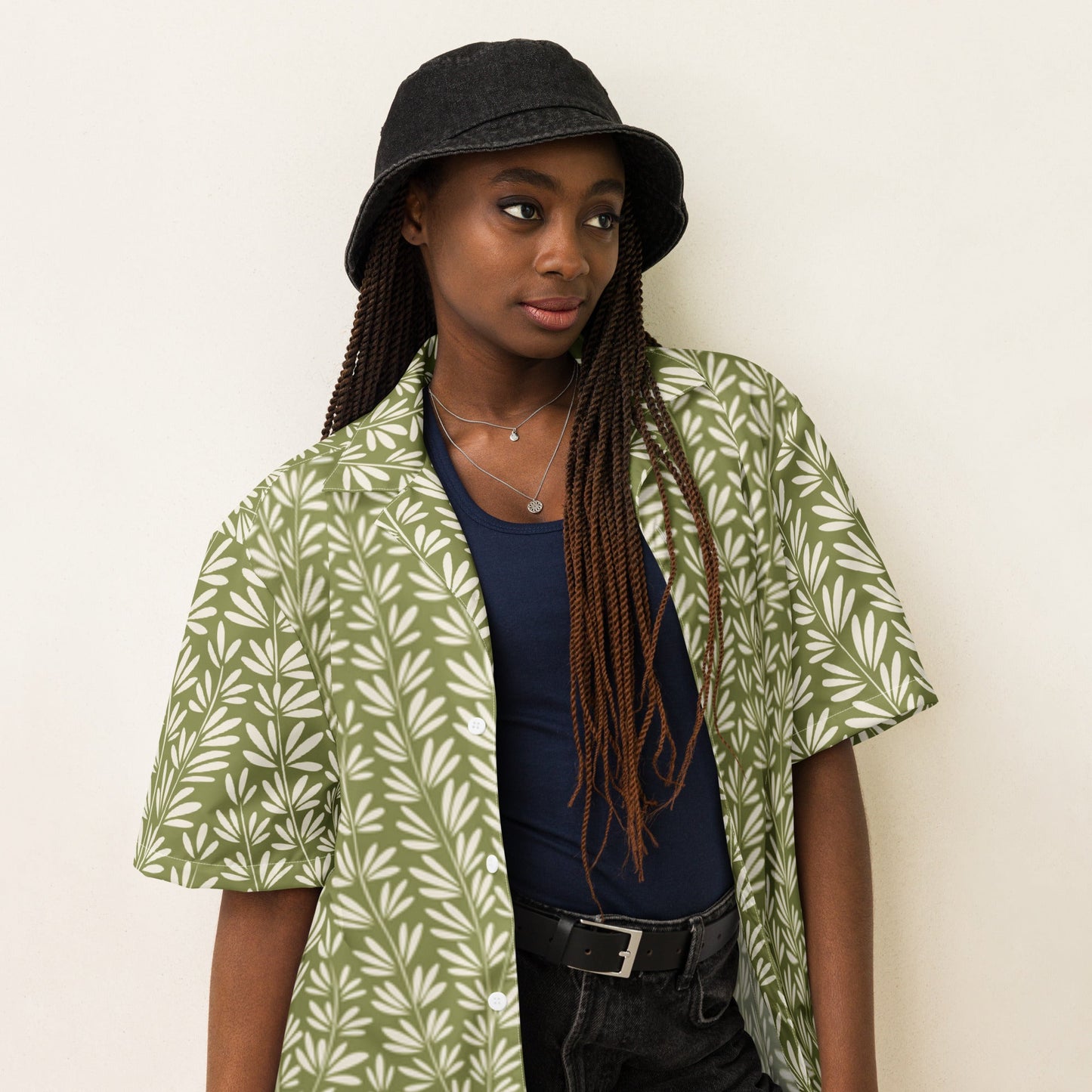 Light Olive Green Floral Beach Shirt - Unisex Short Sleeve Button Down - PratSN