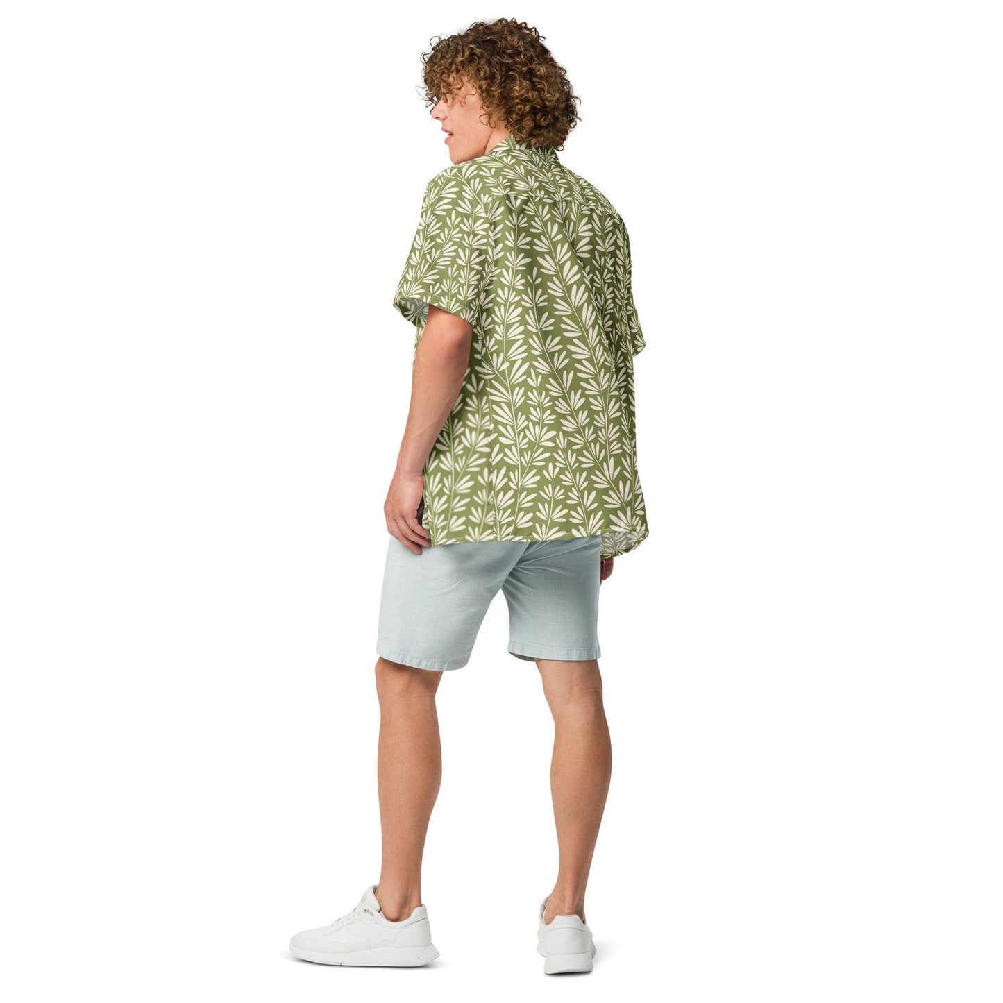 Light Olive Green Floral Beach Shirt - Unisex Short Sleeve Button Down - PratSN