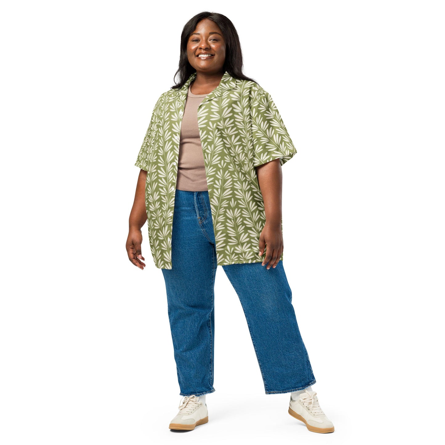 Light Olive Green Floral Beach Shirt - Unisex Short Sleeve Button Down - PratSN