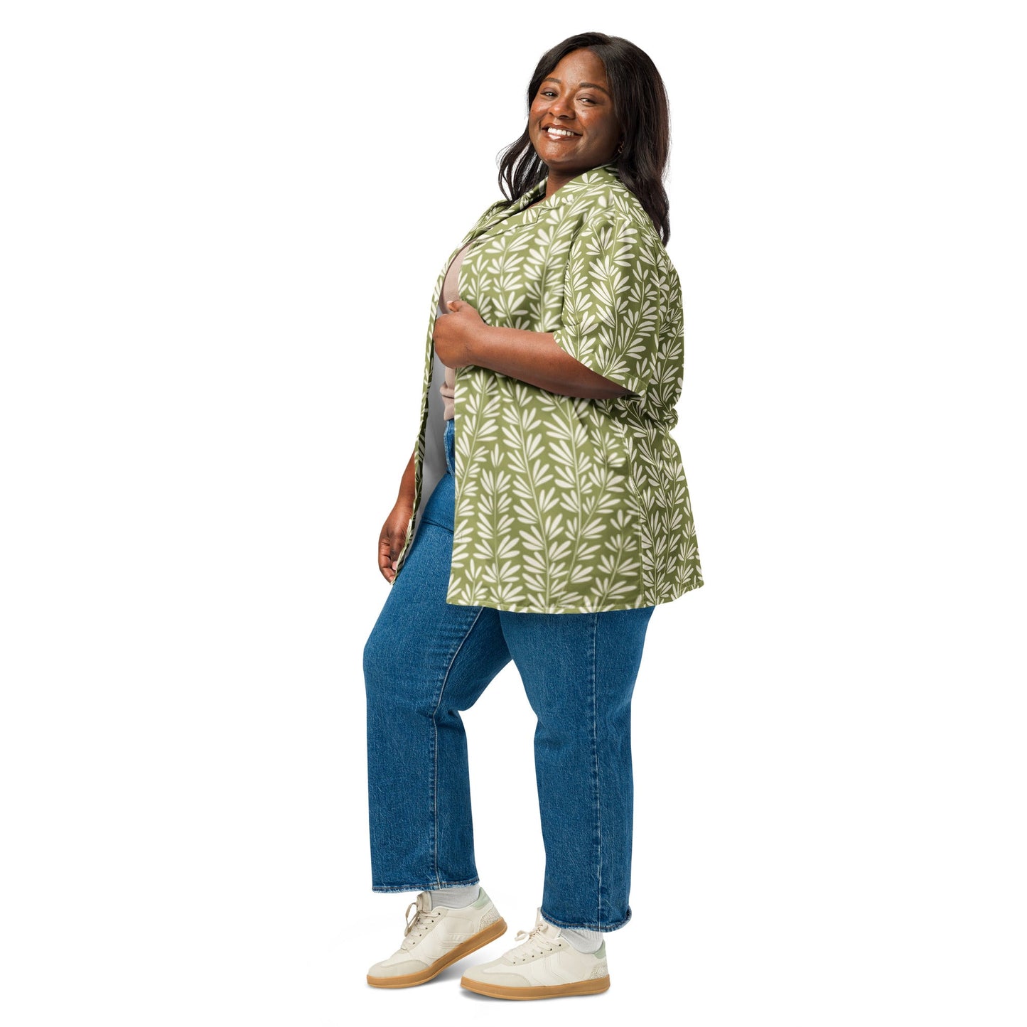 Light Olive Green Floral Beach Shirt - Unisex Short Sleeve Button Down - PratSN