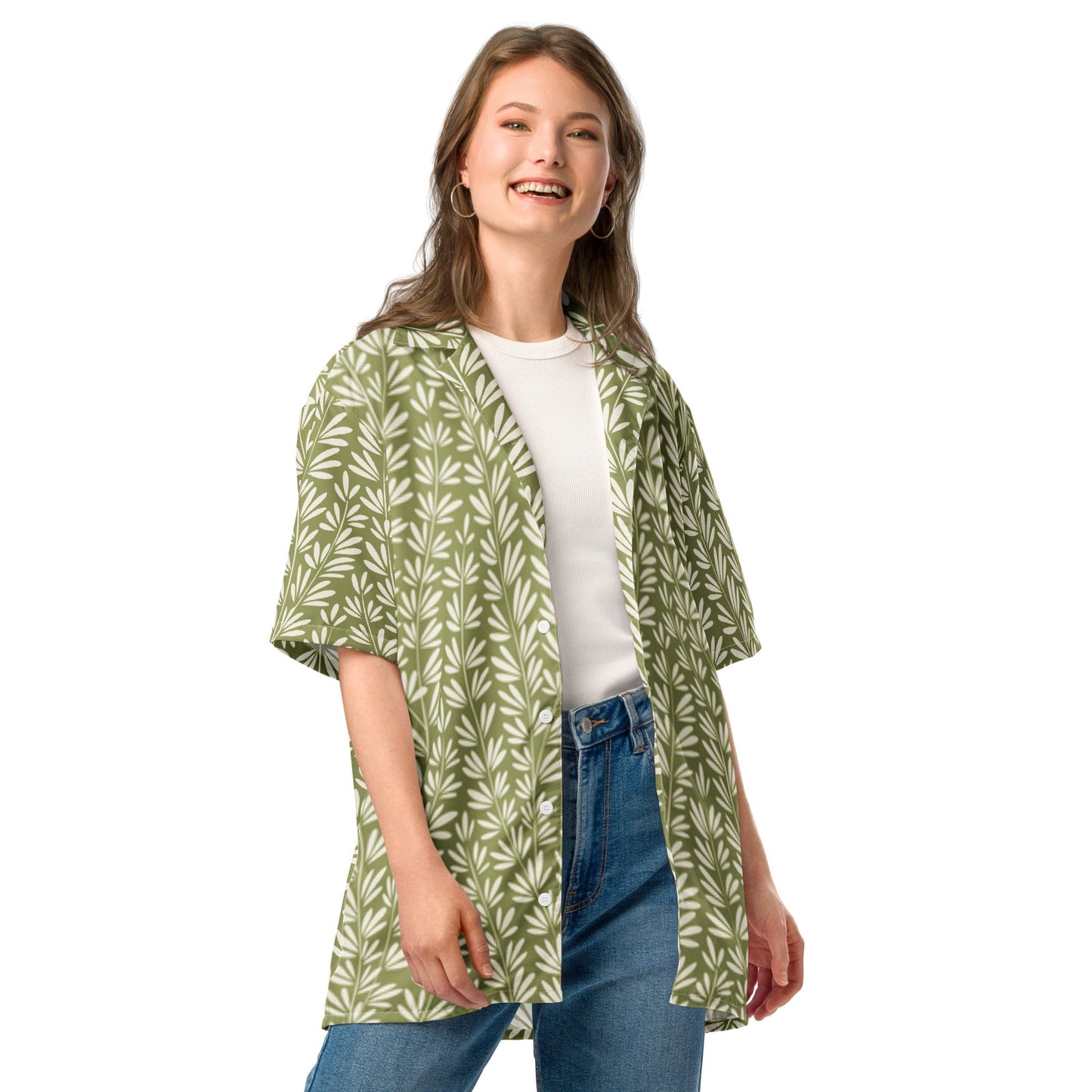 Light Olive Green Floral Beach Shirt - Unisex Short Sleeve Button Down - PratSN