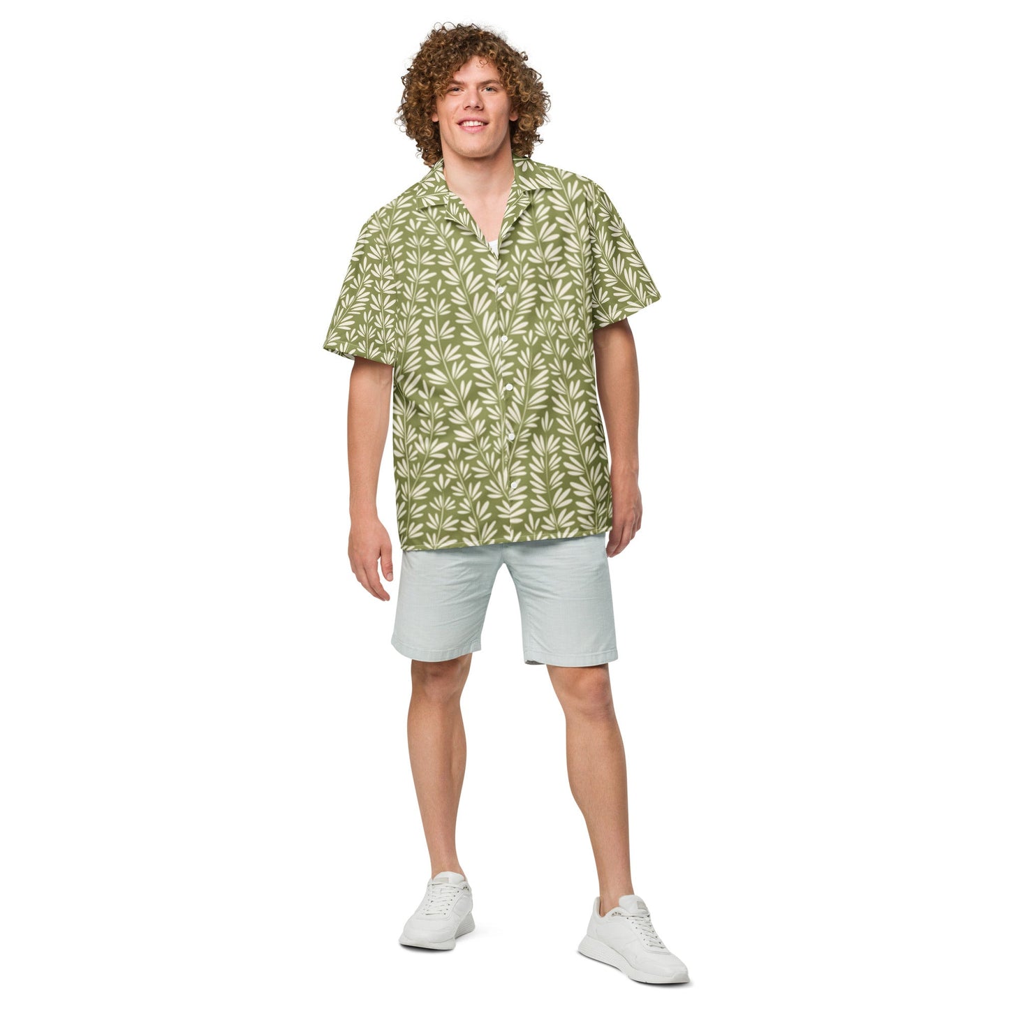 Light Olive Green Floral Beach Shirt - Unisex Short Sleeve Button Down - PratSN