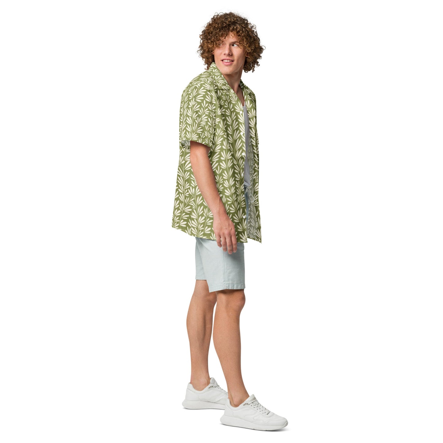 Light Olive Green Floral Beach Shirt - Unisex Short Sleeve Button Down - PratSN