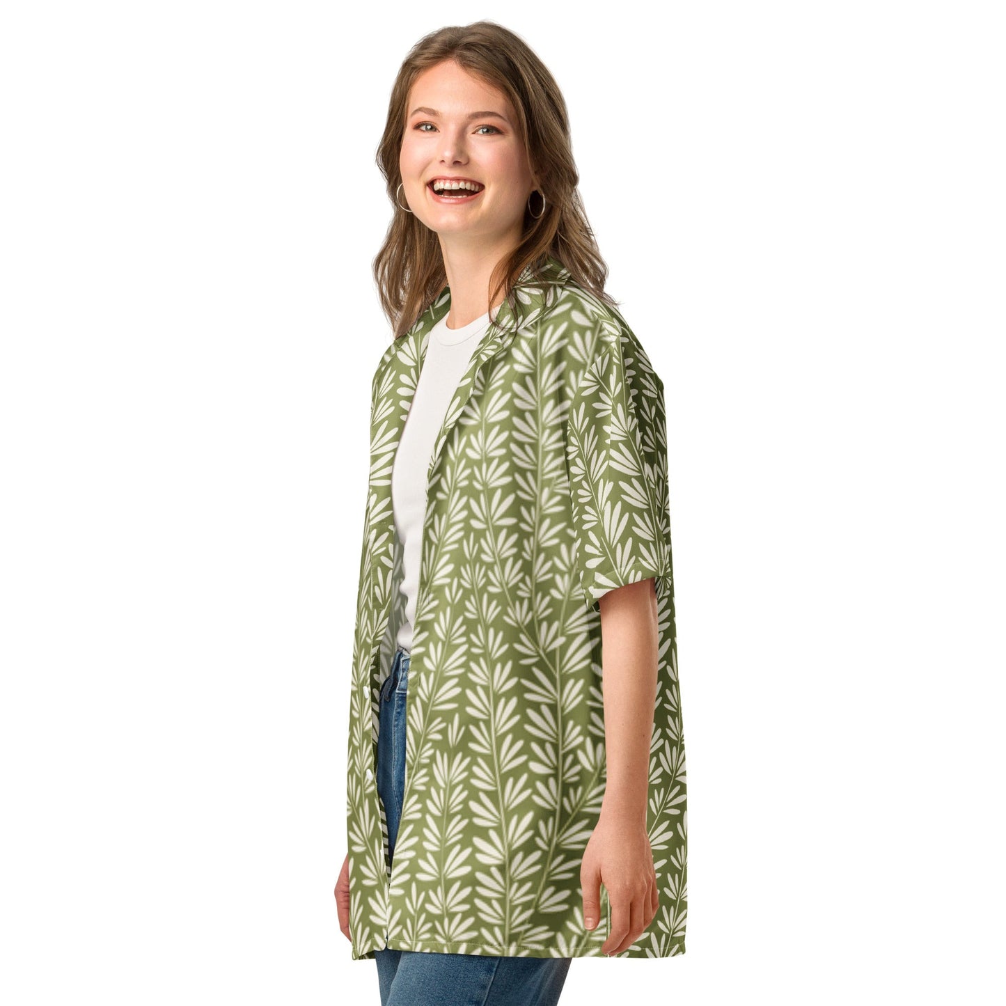 Light Olive Green Floral Beach Shirt - Unisex Short Sleeve Button Down - PratSN