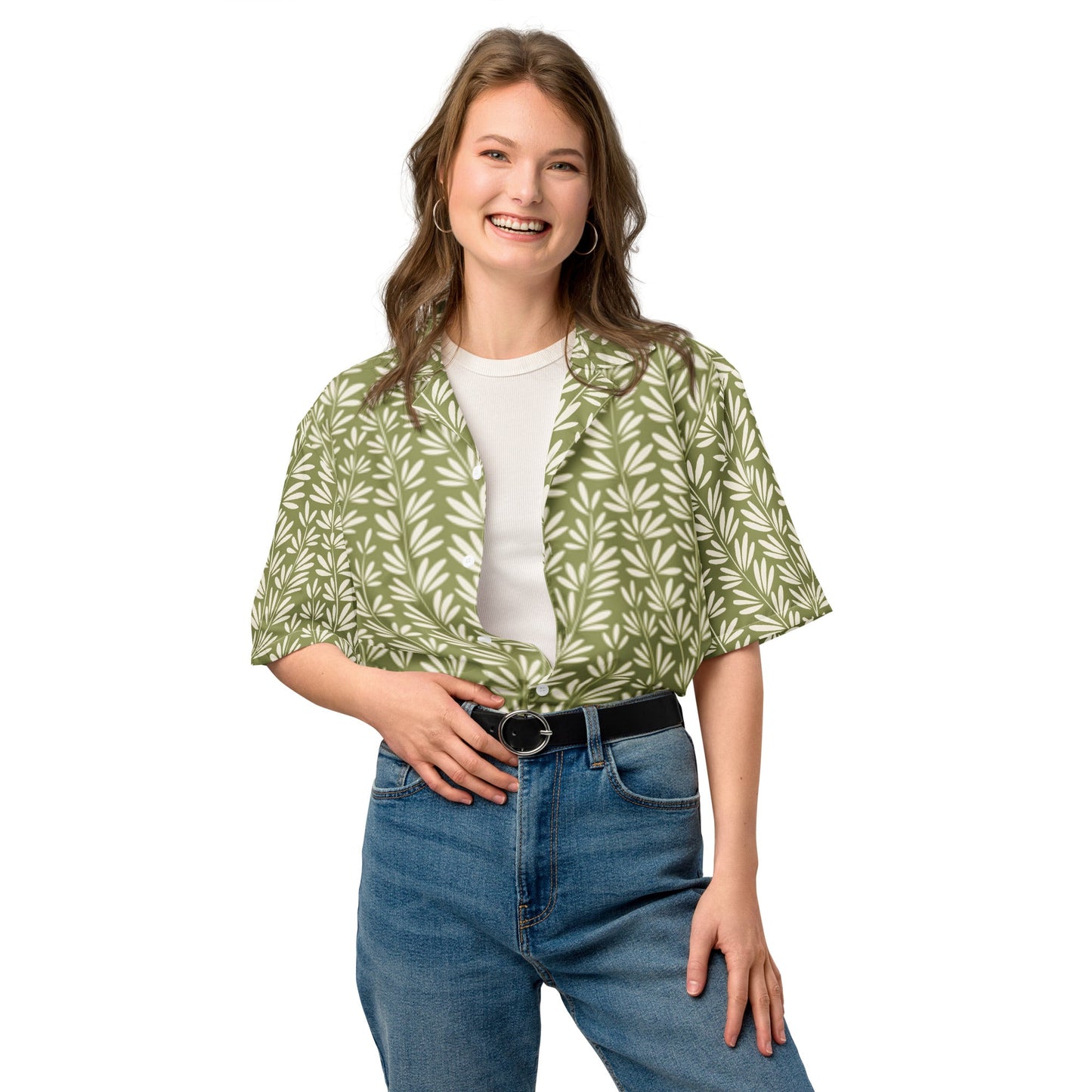 Light Olive Green Floral Beach Shirt - Unisex Short Sleeve Button Down - PratSN