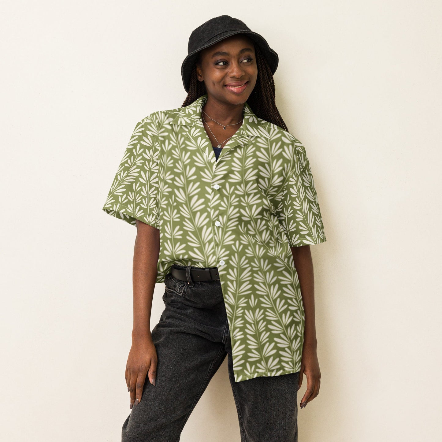 Light Olive Green Floral Beach Shirt - Unisex Short Sleeve Button Down - PratSN