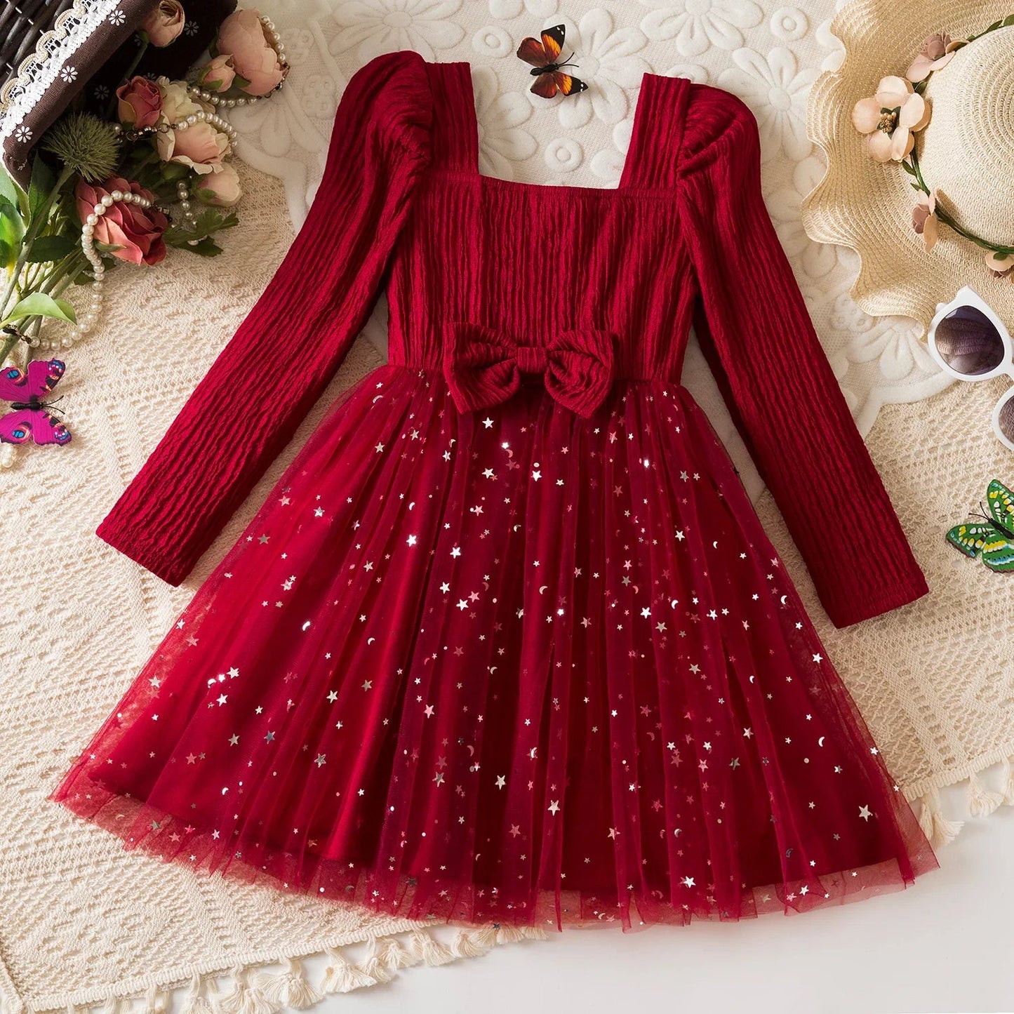 Little Girls Party Dress Autumn Winter Clothes 3 - 8 Years Children Christmas New Year Princess Dress Red Sequins Stars Mesh Dress - PratSN