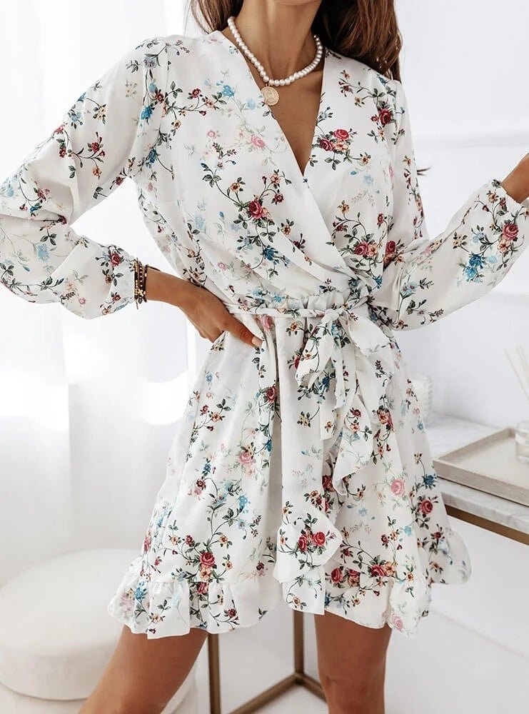 Long - sleeve Irregular Ruffle Print Dress - PratSN