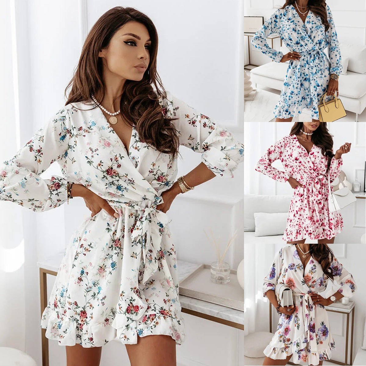 Long - sleeve Irregular Ruffle Print Dress - PratSN