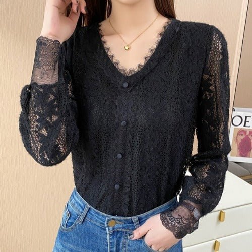 Long Sleeved Lace Top V Neck Lantern Sleeve Stitching Lace Shirt - PratSN