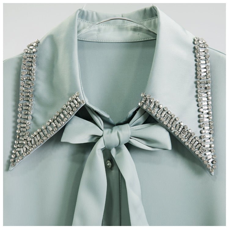 Long - Sleeved Solid Color Shirt With Neckline Tie - PratSN