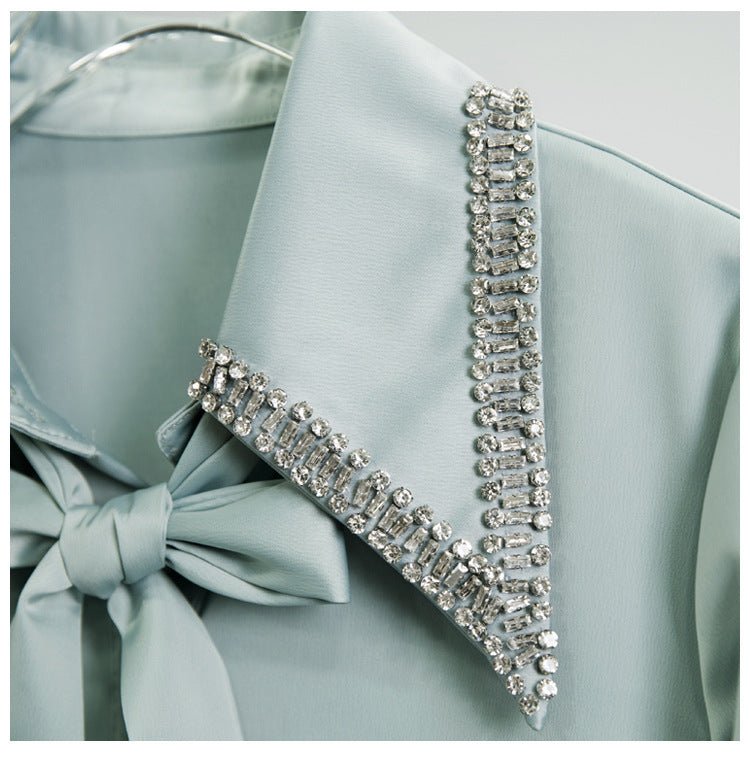 Long - Sleeved Solid Color Shirt With Neckline Tie - PratSN