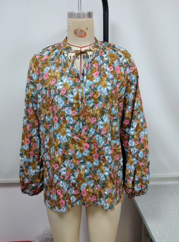 Loose Casual Long - sleeved V - neck Printed Shirt - PratSN
