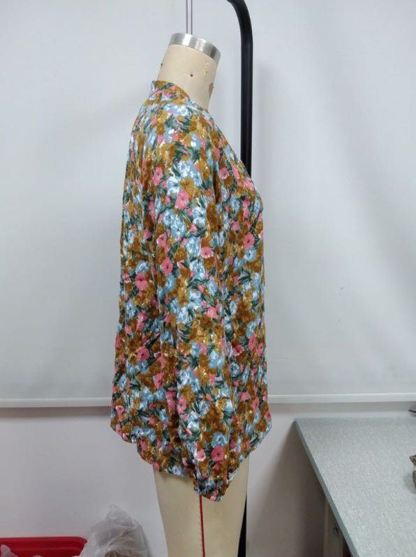 Loose Casual Long - sleeved V - neck Printed Shirt - PratSN
