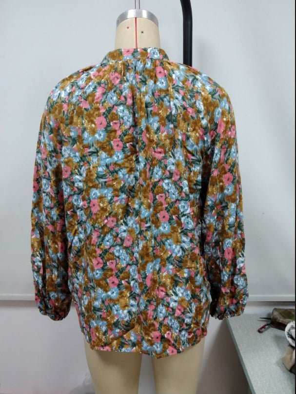 Loose Casual Long - sleeved V - neck Printed Shirt - PratSN