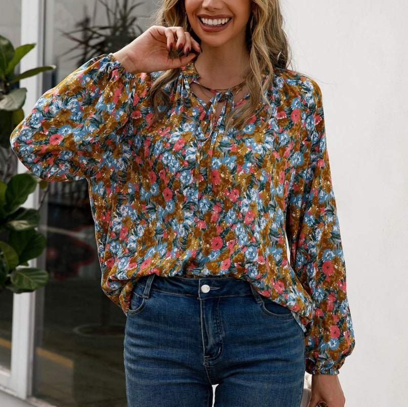 Loose Casual Long - sleeved V - neck Printed Shirt - PratSN