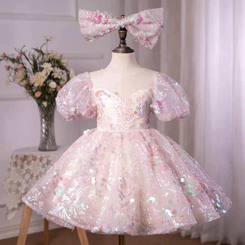 Luxury Birthday Party Dress for Girls with Bow Pink Embroidered Short Evening Gowns Kids Pageant Formal Occasion Dresses Wedding - PratSN