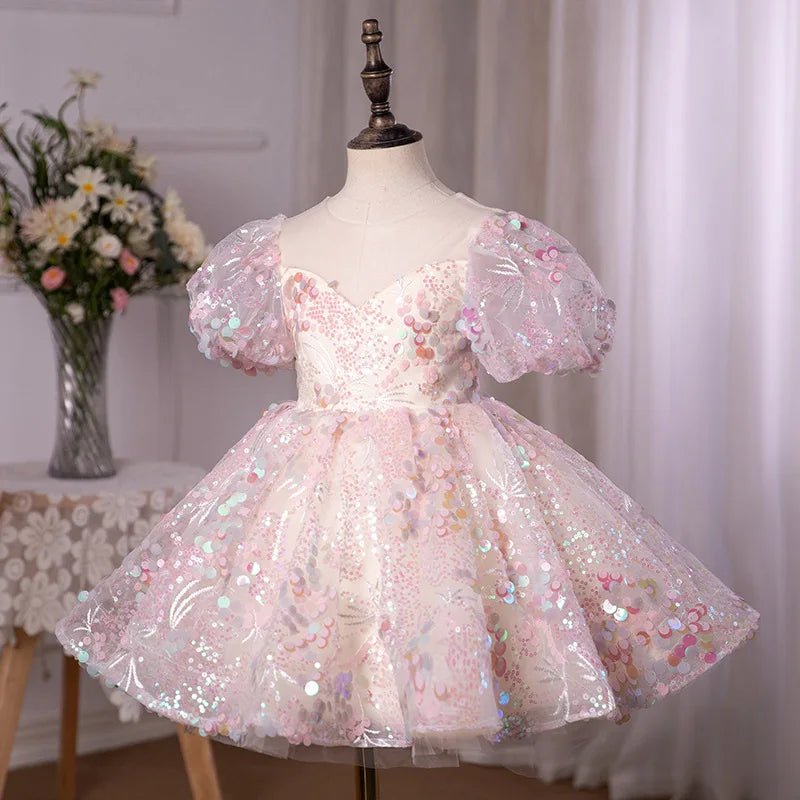Luxury Birthday Party Dress for Girls with Bow Pink Embroidered Short Evening Gowns Kids Pageant Formal Occasion Dresses Wedding - PratSN