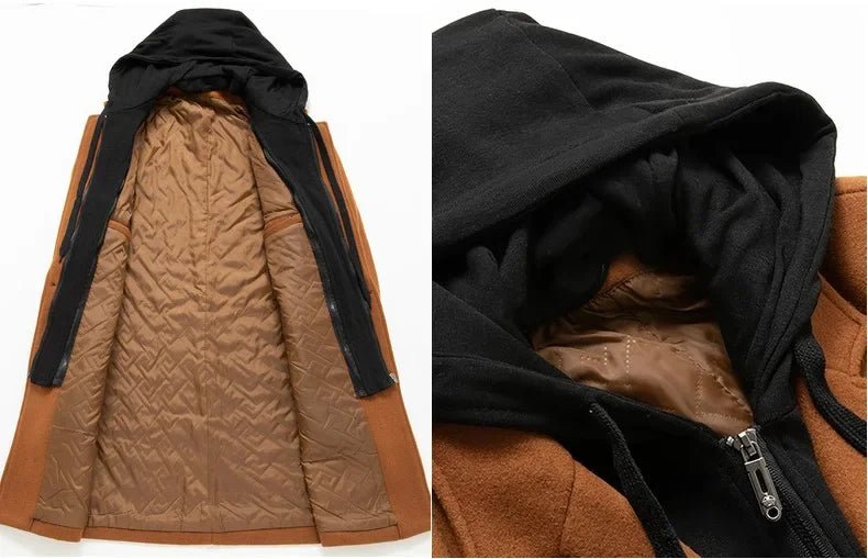 Luxury Business Casual Two - piece Illusion Padded Hooded Woolen Overcoat Autumn/winter High - end Men's Fleece Jacket - PratSN