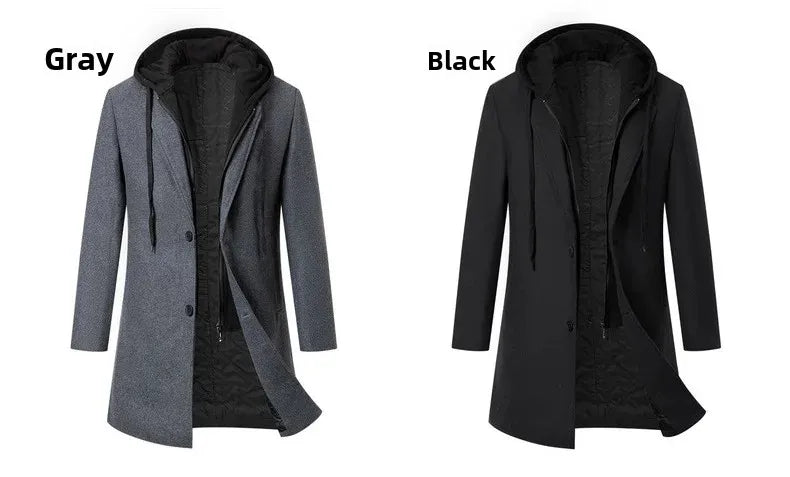 Luxury Business Casual Two - piece Illusion Padded Hooded Woolen Overcoat Autumn/winter High - end Men's Fleece Jacket - PratSN