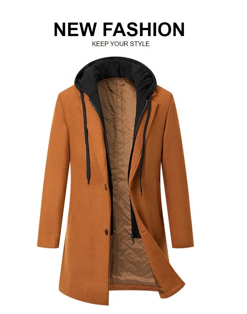Luxury Business Casual Two - piece Illusion Padded Hooded Woolen Overcoat Autumn/winter High - end Men's Fleece Jacket - PratSN