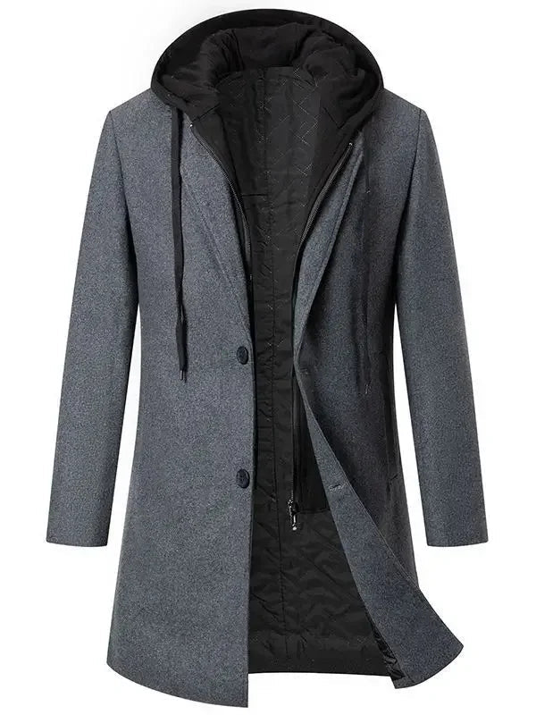 Luxury Business Casual Two - piece Illusion Padded Hooded Woolen Overcoat Autumn/winter High - end Men's Fleece Jacket - PratSN