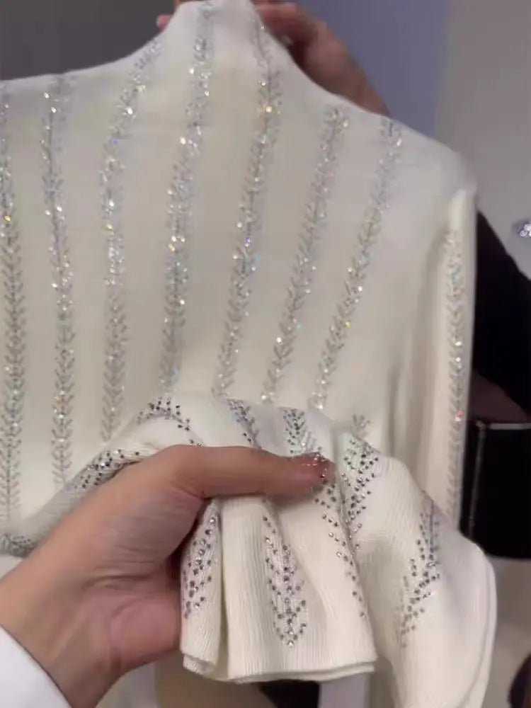 Luxury Sparkle Diamonds Hot Drilling Sweater Women Autumn Winter Turtleneck Off White Knitwear Top Knitted Bottoming Pullovers - PratSN