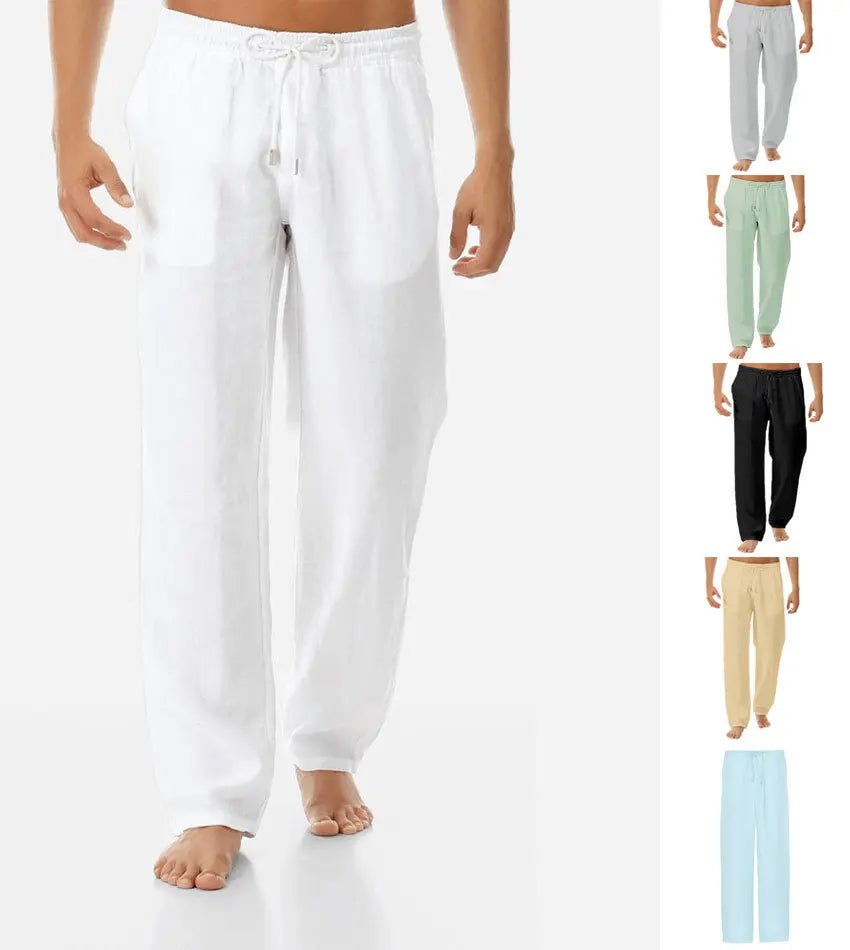 M - 3XL European and American Men's Simple and Fashionable Solid Color Casual Cotton and Linen Pants Lace up Loose Pants - PratSN