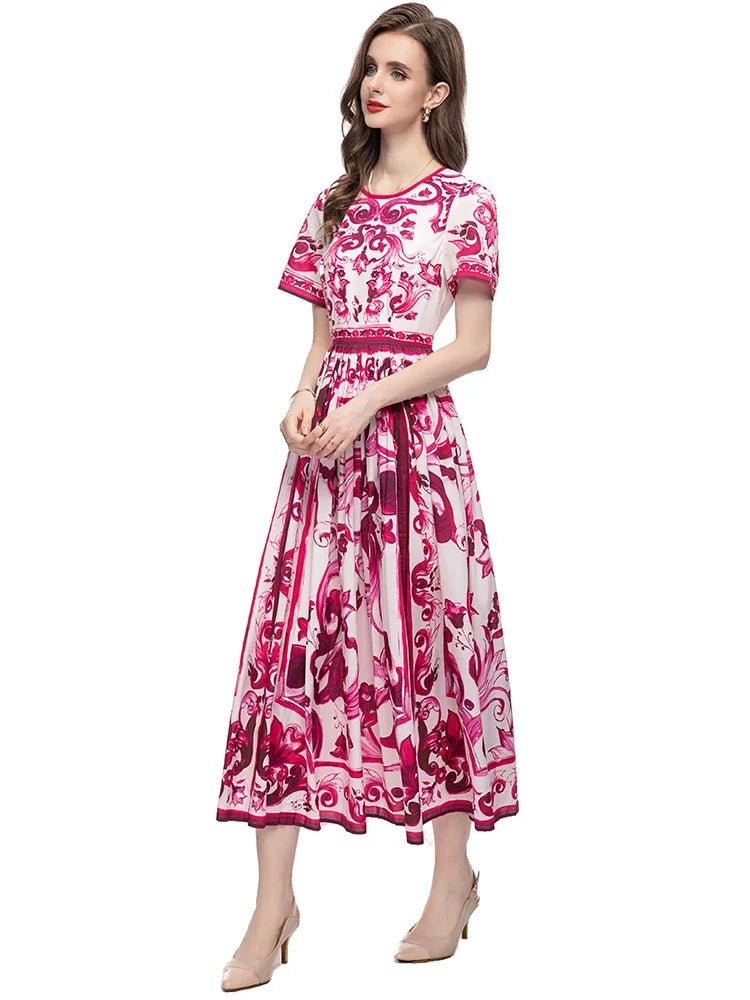 MARYYIMEI Spring Summer Fashion Vintage Women's dress Short Sleeved Red Porcelain Printing Holiday Long Dresses - PratSN