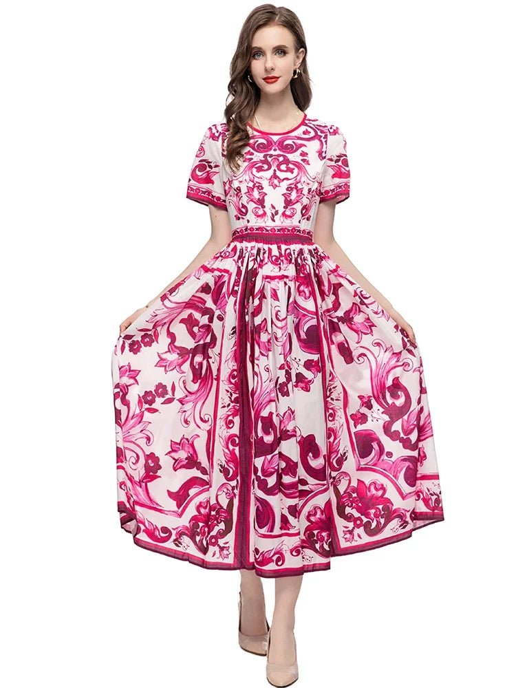 MARYYIMEI Spring Summer Fashion Vintage Women's dress Short Sleeved Red Porcelain Printing Holiday Long Dresses - PratSN