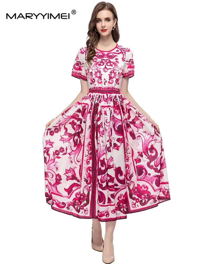 MARYYIMEI Spring Summer Fashion Vintage Women's dress Short Sleeved Red Porcelain Printing Holiday Long Dresses - PratSN