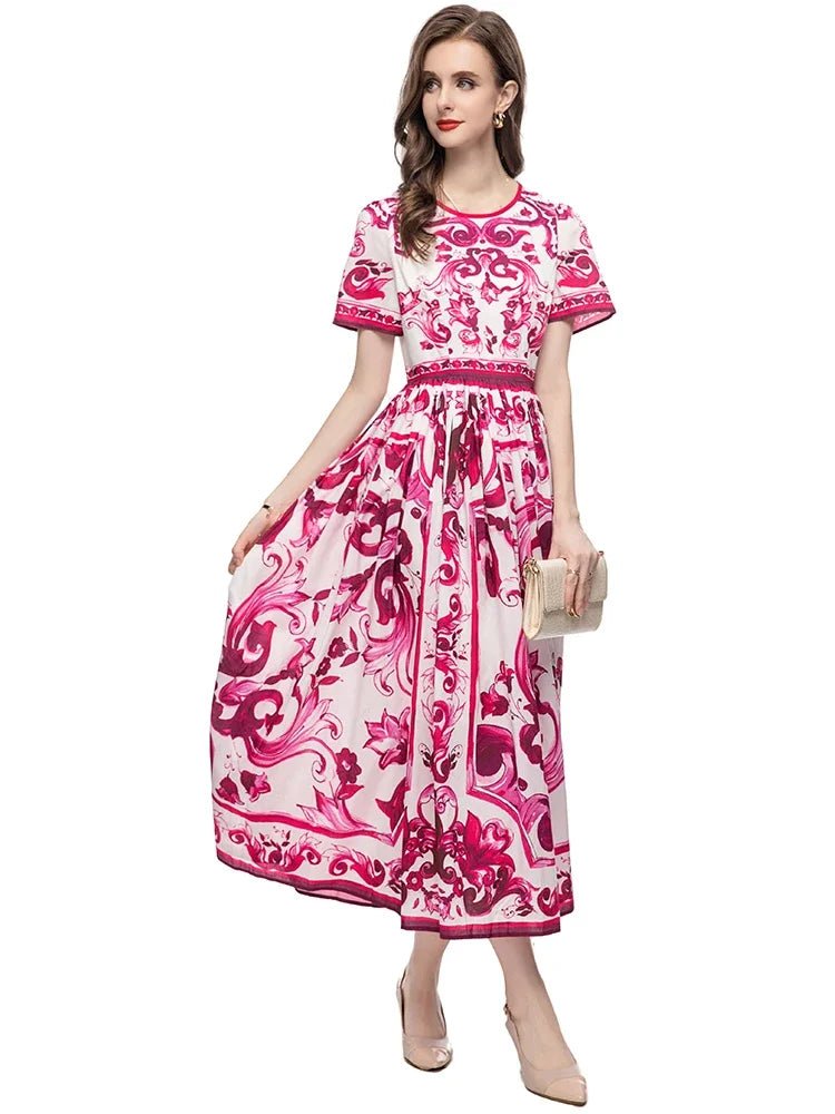 MARYYIMEI Spring Summer Fashion Vintage Women's dress Short Sleeved Red Porcelain Printing Holiday Long Dresses - PratSN