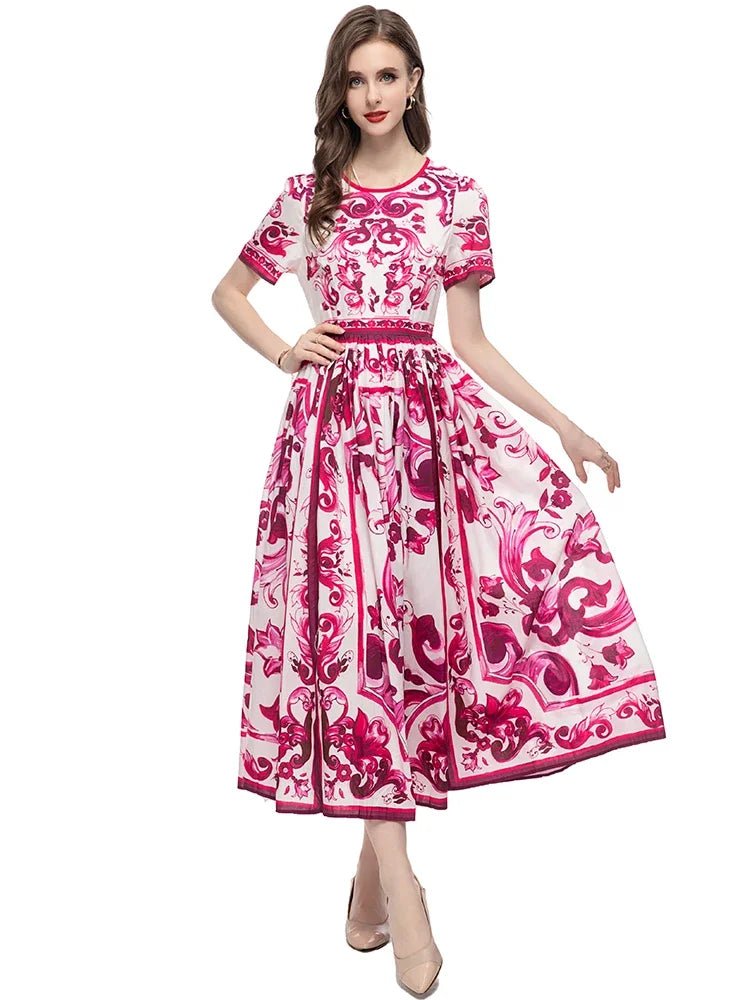 MARYYIMEI Spring Summer Fashion Vintage Women's dress Short Sleeved Red Porcelain Printing Holiday Long Dresses - PratSN