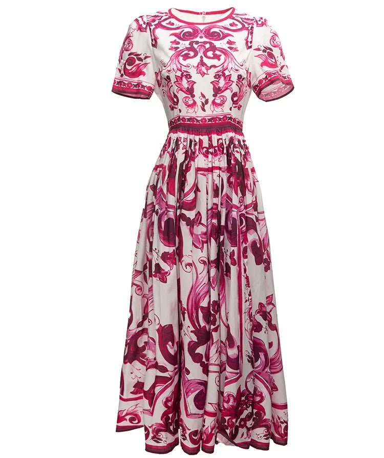 MARYYIMEI Spring Summer Fashion Vintage Women's dress Short Sleeved Red Porcelain Printing Holiday Long Dresses - PratSN